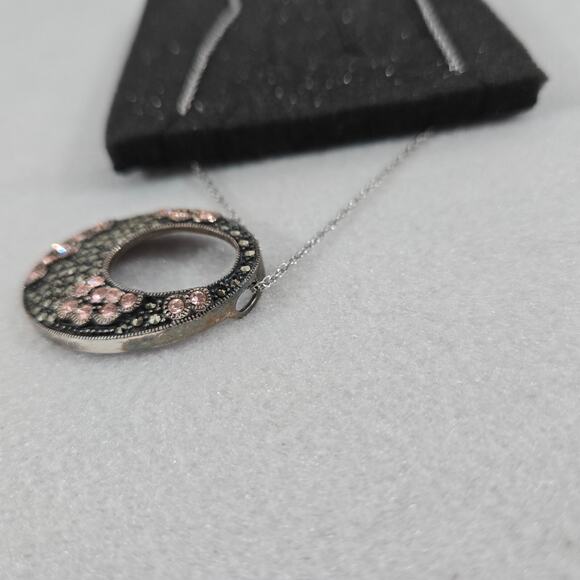 Marcasite & Crystal 17" Necklace Oval Pendant NF 925 Sterling Silver Thailand - Picture 10 of 10